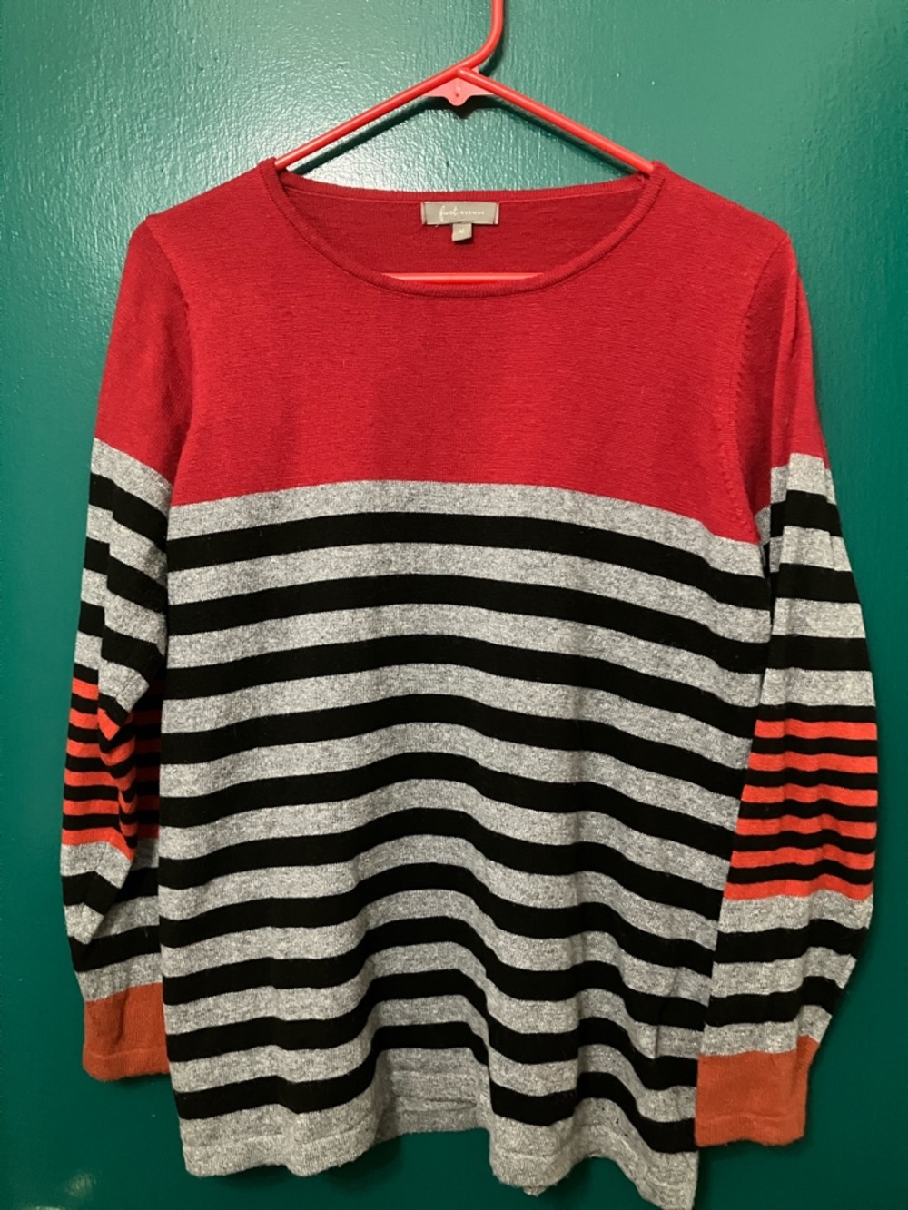 First Avenue Red & Black Striped Crewneck Sweater